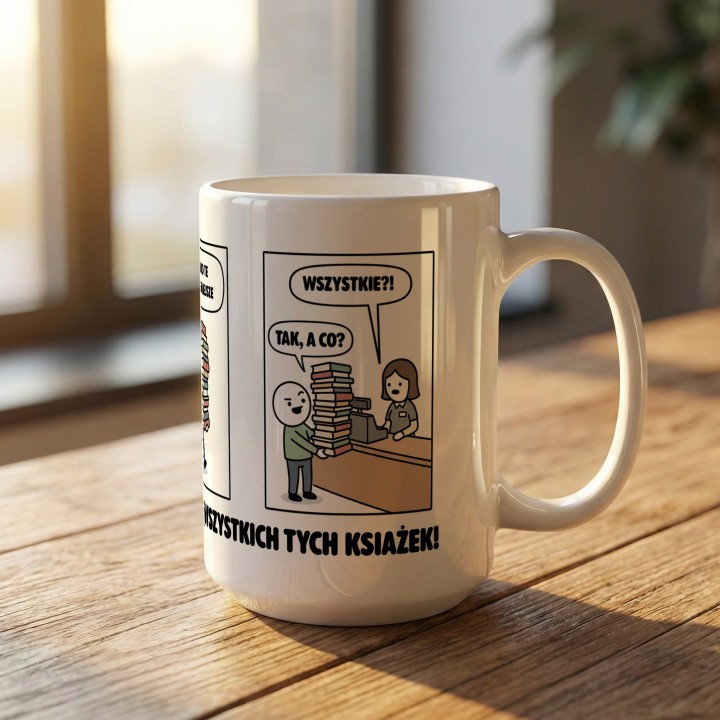 Kubek dla mola książkowego komiks Biorę tylko najpotrzebniejsze książki