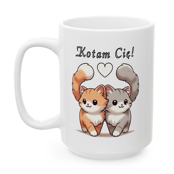 Kubek z nadrukiem „Kotam Cię!” – zakochane kotki, prezent na walentynki dla par