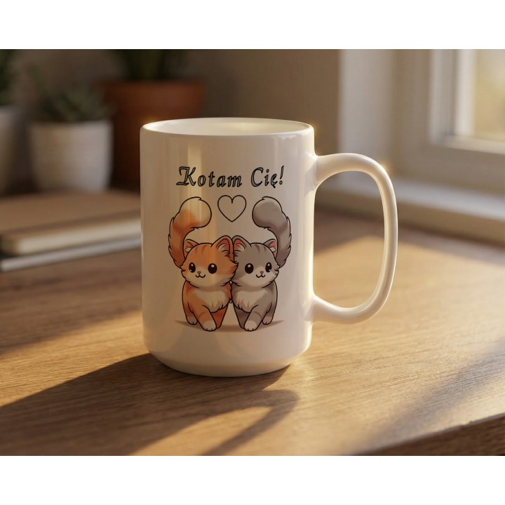 Kubek z nadrukiem „Kotam Cię!” – zakochane kotki, prezent na walentynki dla par