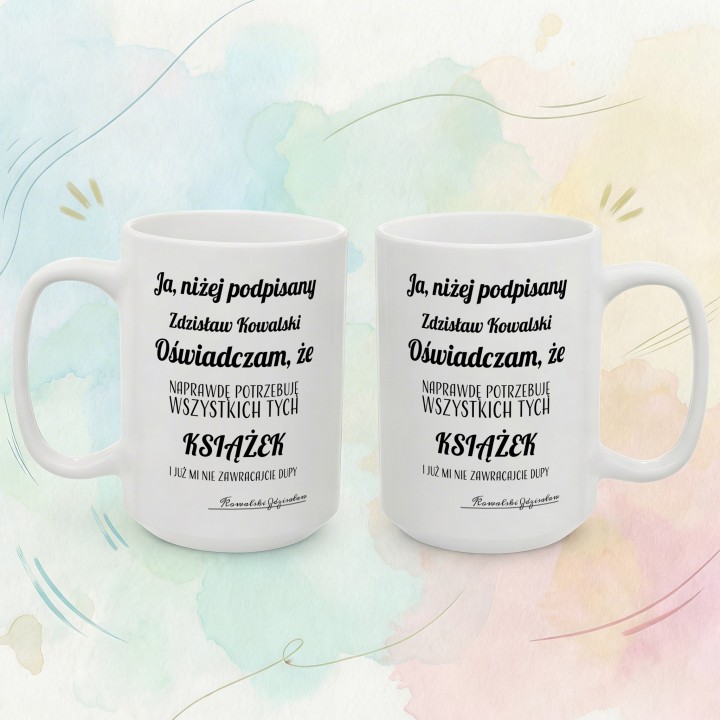 Kubek z napisem Oświadczenie i personalizacją – idealny pomysł na oryginalny prezent dla osoby z pasją.