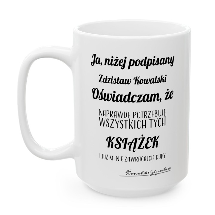 Kubek z własnym podpisem i ironicznym hasłem o zakupach – prezent dla hobbysty, który nie lubi zbędnych pytań.