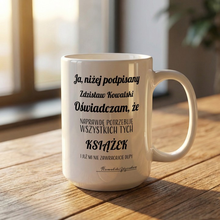 Kubek do biura z Twoim imieniem i nazwiskiem oraz ironicznym tekstem o świętym spokoju i braku tłumaczenia się z zakupów.
