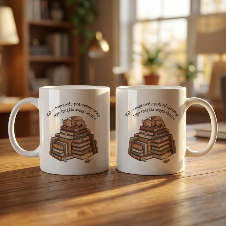 Kubek do kawy dla czytelnika z ilustracją smoka pilnującego biblioteczki i ironicznym tekstem o zakupach.