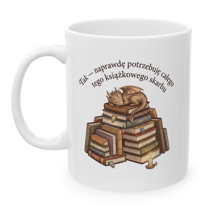 Ceramiczny kubek z nadrukiem smoka na książkach – trafiony gadżet do kącika czytelniczego i domowej biblioteki.