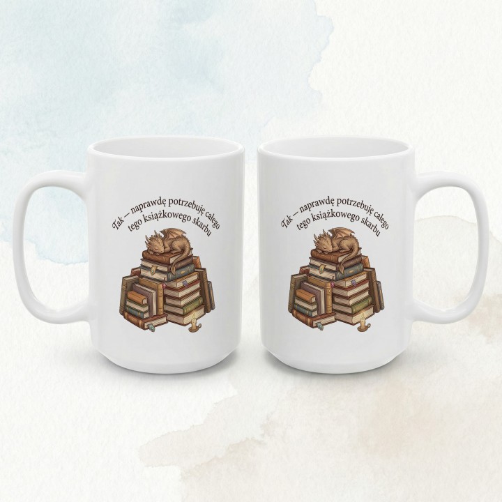 Gadżet dla bibliofila z motywem smoka – ceramiczny kubek z zabawnym hasłem o zbieraniu nowych książek.