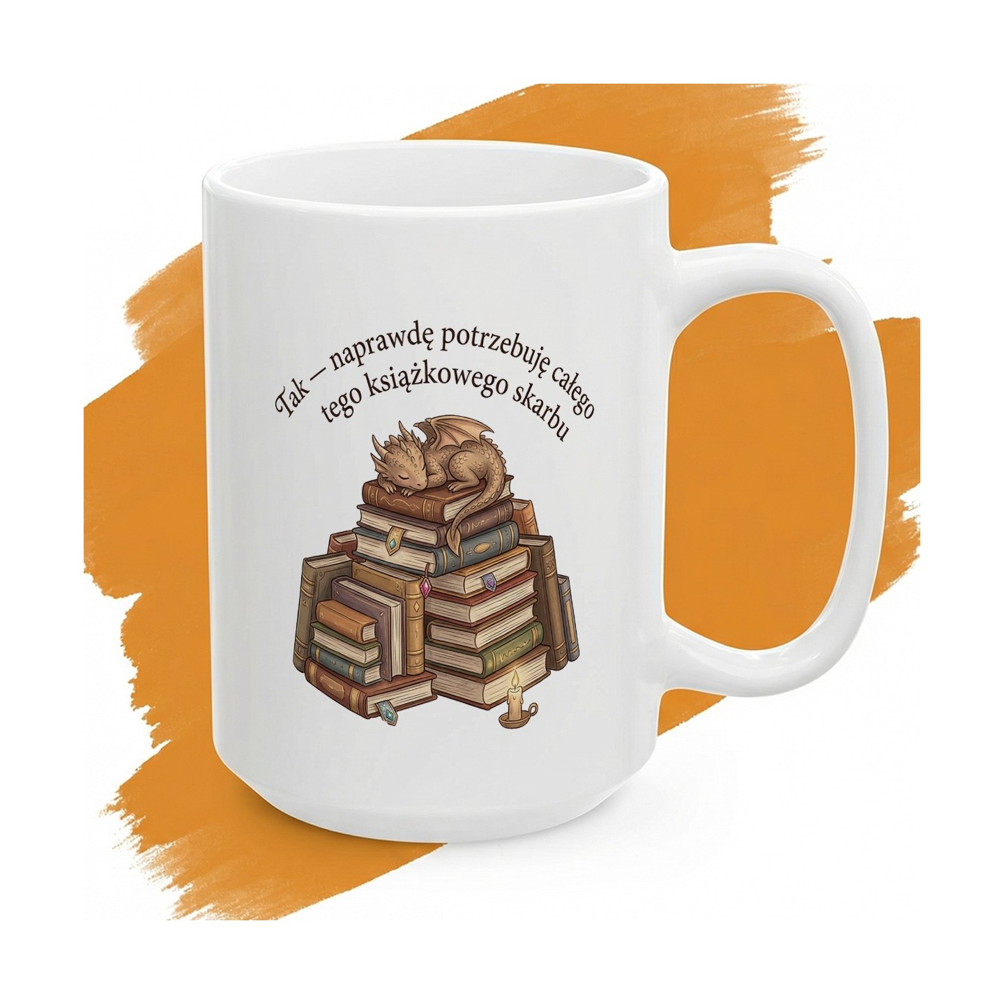 Kubek ze smokiem śpiącym na książkach – śmieszny prezent dla czytelnika i fana literatury fantasy.