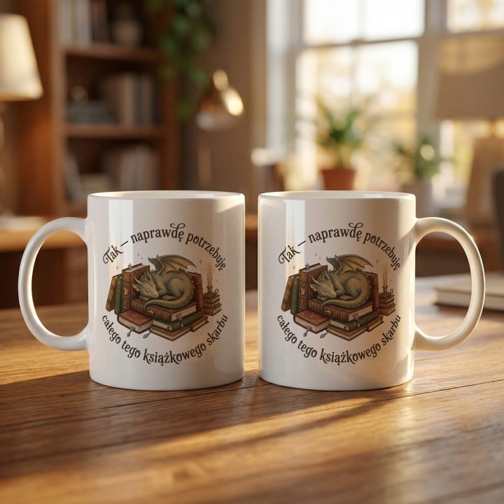 Ceramiczny kubek z nadrukiem smoka i książek – idealny gadżet do domowej biblioteki.