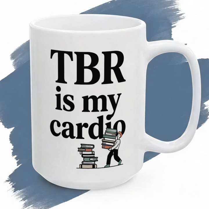Kubek dla mola książkowego z napisem TBR is my cardio i ilustracją osoby niosącej stos książek.