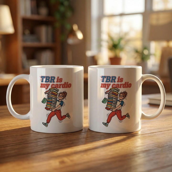 Kubek dla fanki książek z napisem TBR is my cardio i humorystycznym motywem czytelniczym