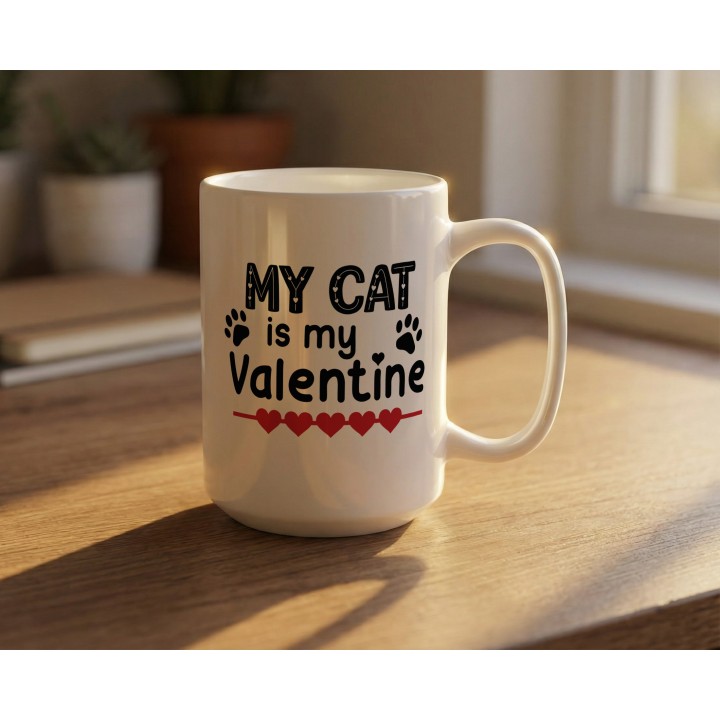 Kubek „My Cat is my Valentine” – walentynkowy kubek dla kociary z łapkami i sercami