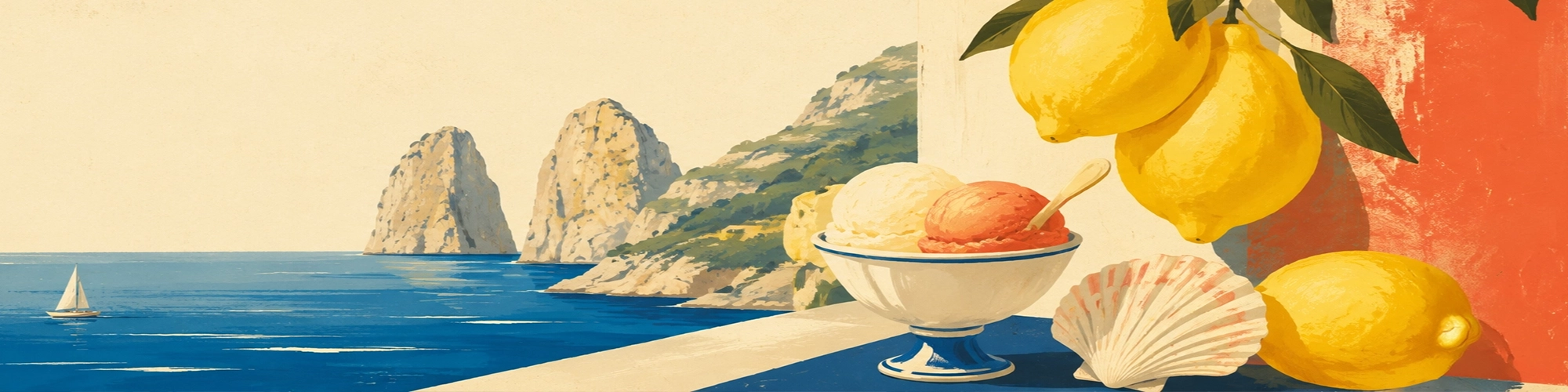 Koszulki inspirowane Włoskim wybrzeżem retro z gelato, cytrynami, muszlą i błękitem morza