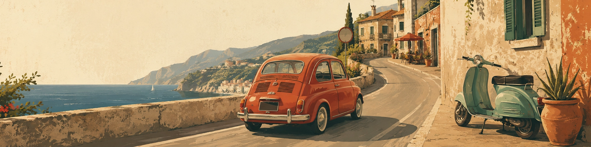 Włoskie koszulki inspirowane klasyczną motoryzacja - Klasyczny Fiat 500 i skuter na wąskiej włoskiej ulicy w stylu retro.
