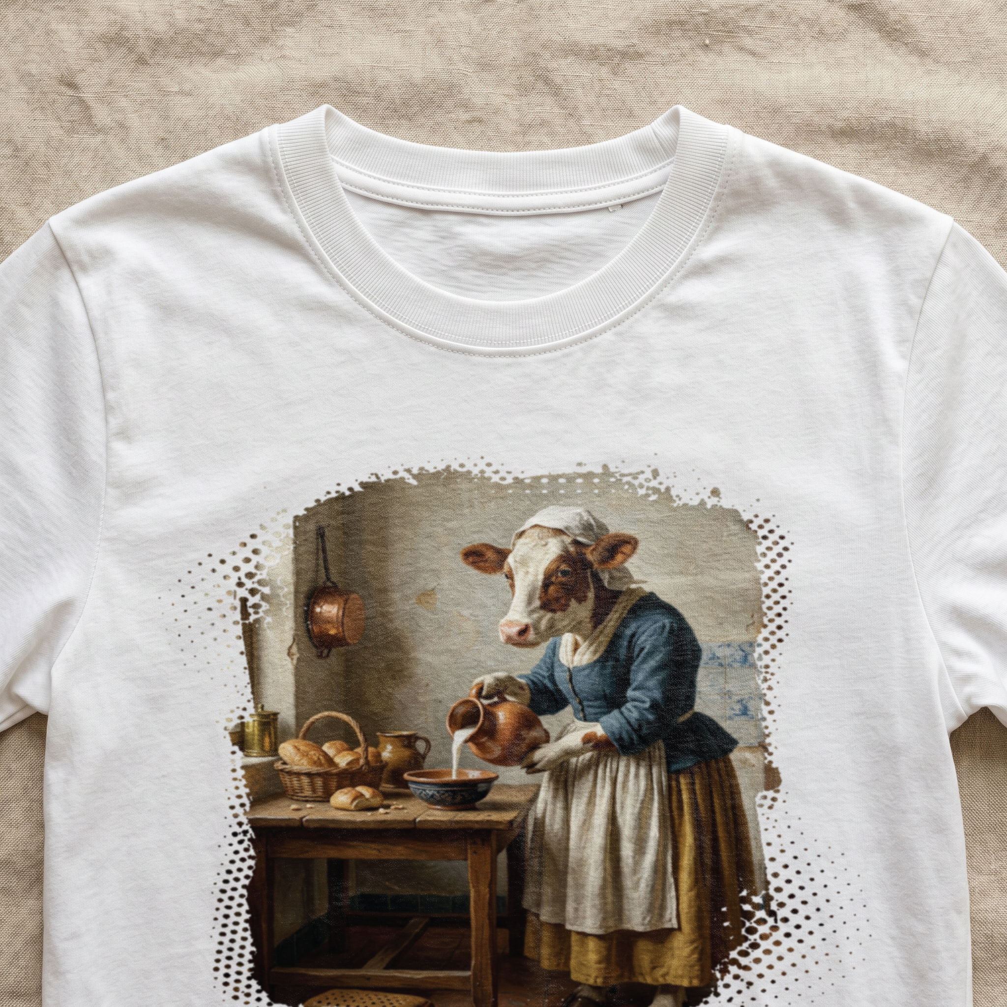 Śmieszny t-shirt z Mleczarką Vermeera, antropomorficzna krowa w stroju z epoki przelewająca mleko w kuchni