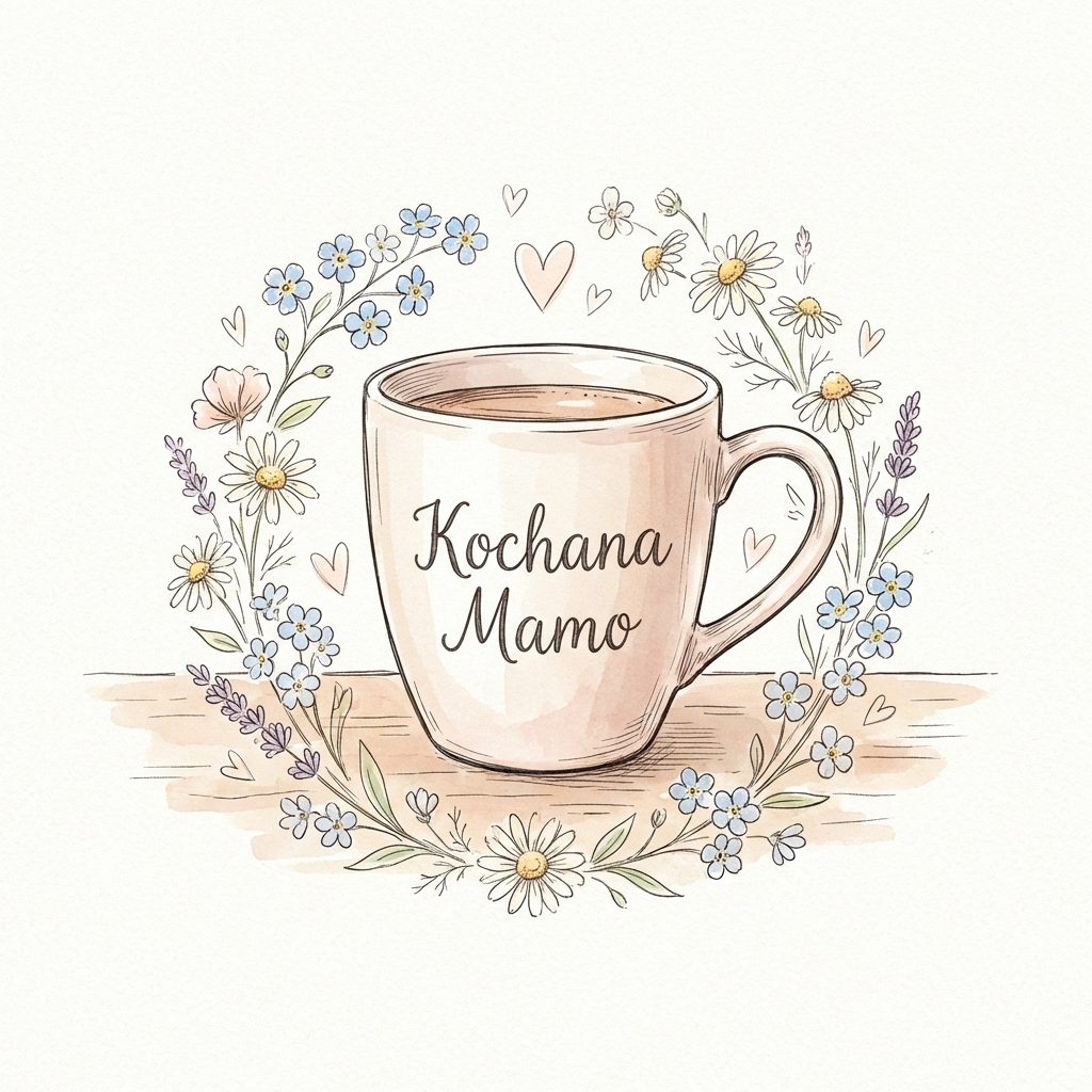 Biały kubek na Dzień Mamy z napisem Kocham Cię mamo i kwiatowym nadrukiem, idealny na prezent
