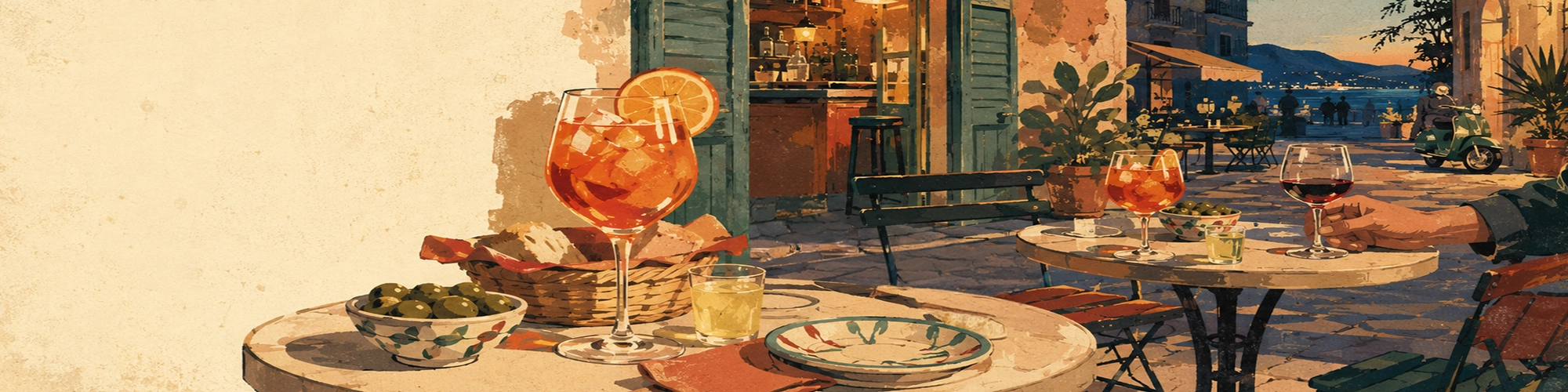 Koszulki z włoskim nadrukiem inspirowanym aperitivo, spritzem, oliwkami i wieczorem przy stolikach.
