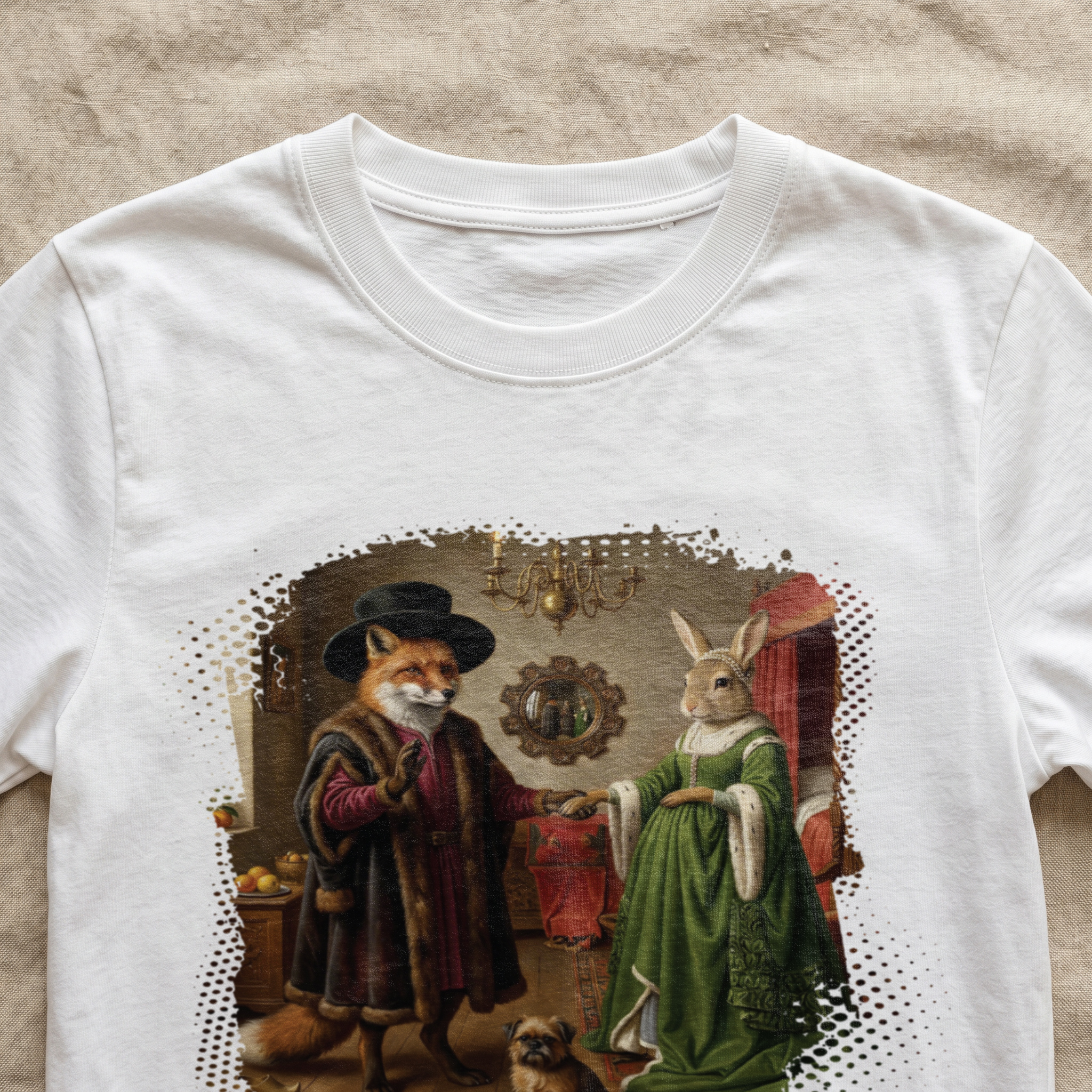 Śmieszna koszulka z parodią obrazu Arnolfini van Eycka, lis i zając w renesansowych strojach w sypialni