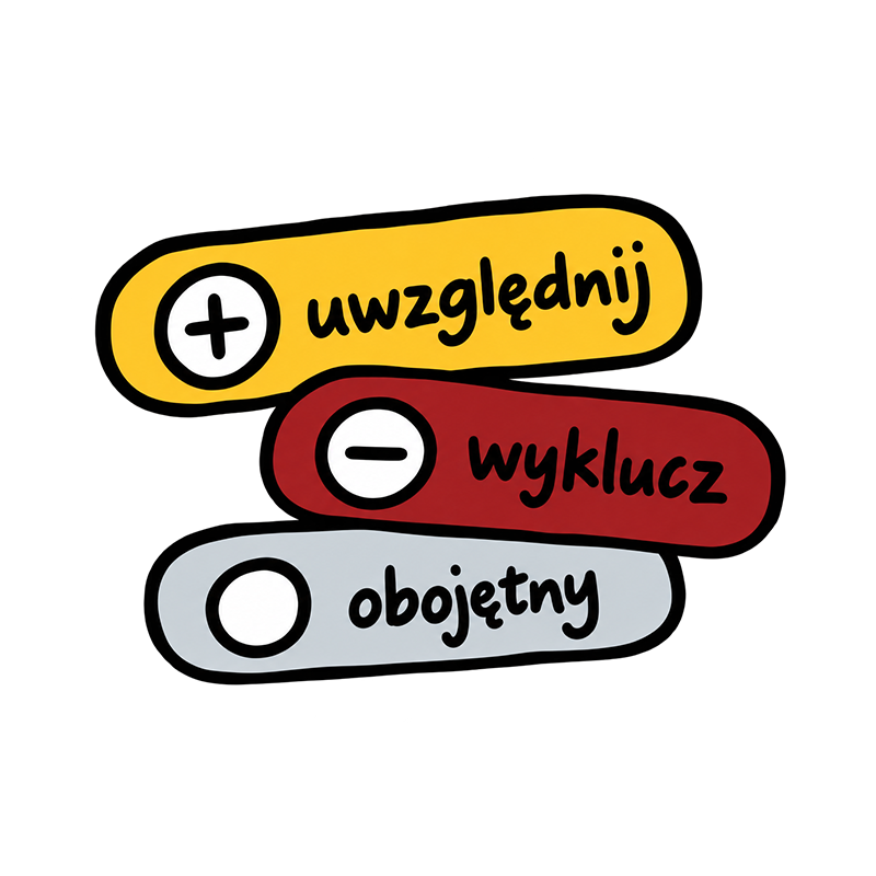 Szkic pokazujący wybór elementu plusem i odrzucenie minusem.